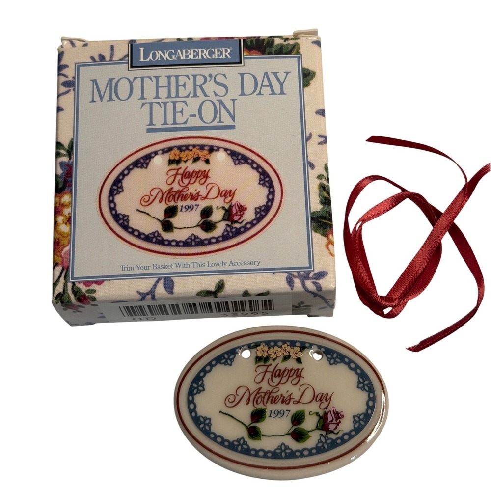 Longaberger Mother's Day Tie-On Ceramic Basket Charm 1997 Pink Rose Floral NIB